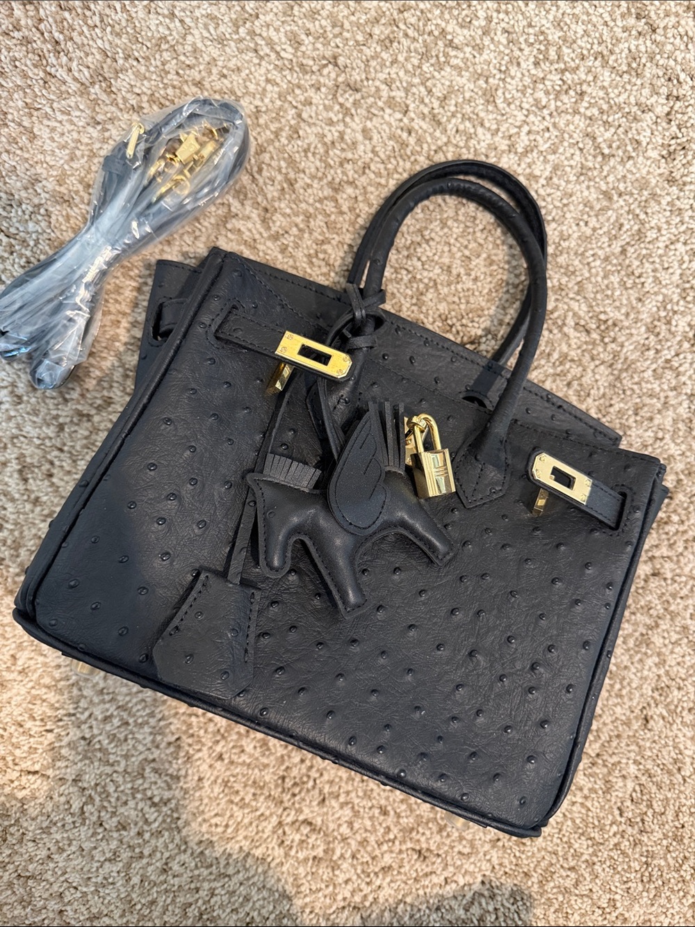 Black Ostrich-Texture Top Handle Bag with Gold Hardware 20cm